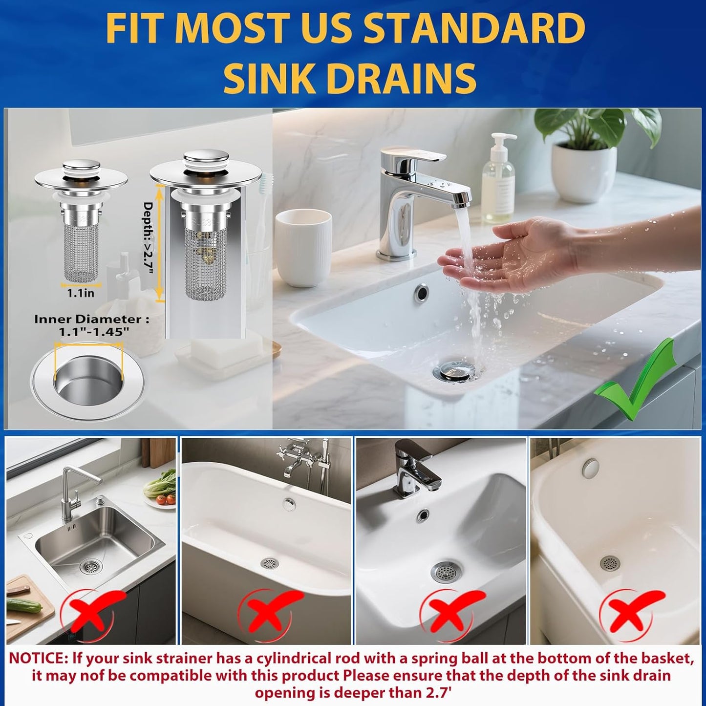 2PCS Bathroom Sink Stopper Strainer, Pop-Up Bathroom Sink Drain Strainer with Removable Stainless Steel Hair Catcher Basket, Universal Fit for US Bathroom Sinks, Bathtubs, Showers & Floor Drains