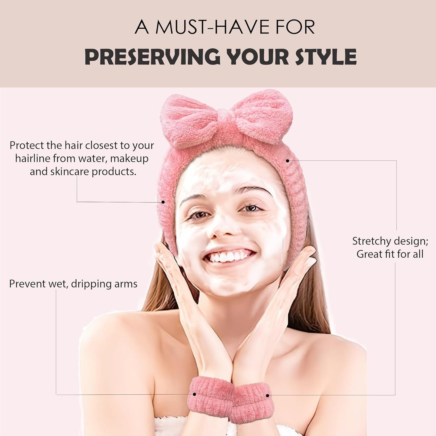 Ayesha Spa Headband and Wristband Set for Skincare Washing Face,Makeup Headband Wrist Cuffs for Preppy Skincare Women Girl (Pink set)