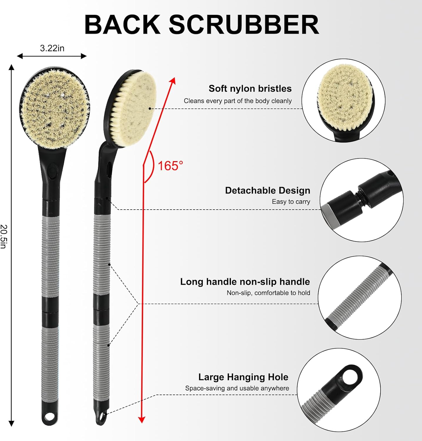 Back Scrubber Anti Slip for Shower, 21.7” Detachable Back Bath Brush for Shower, Back Scrubber, Exfoliation and Improved Skin Health for Elderly with Limited Arm Movement, Disabled (21.7” Black)
