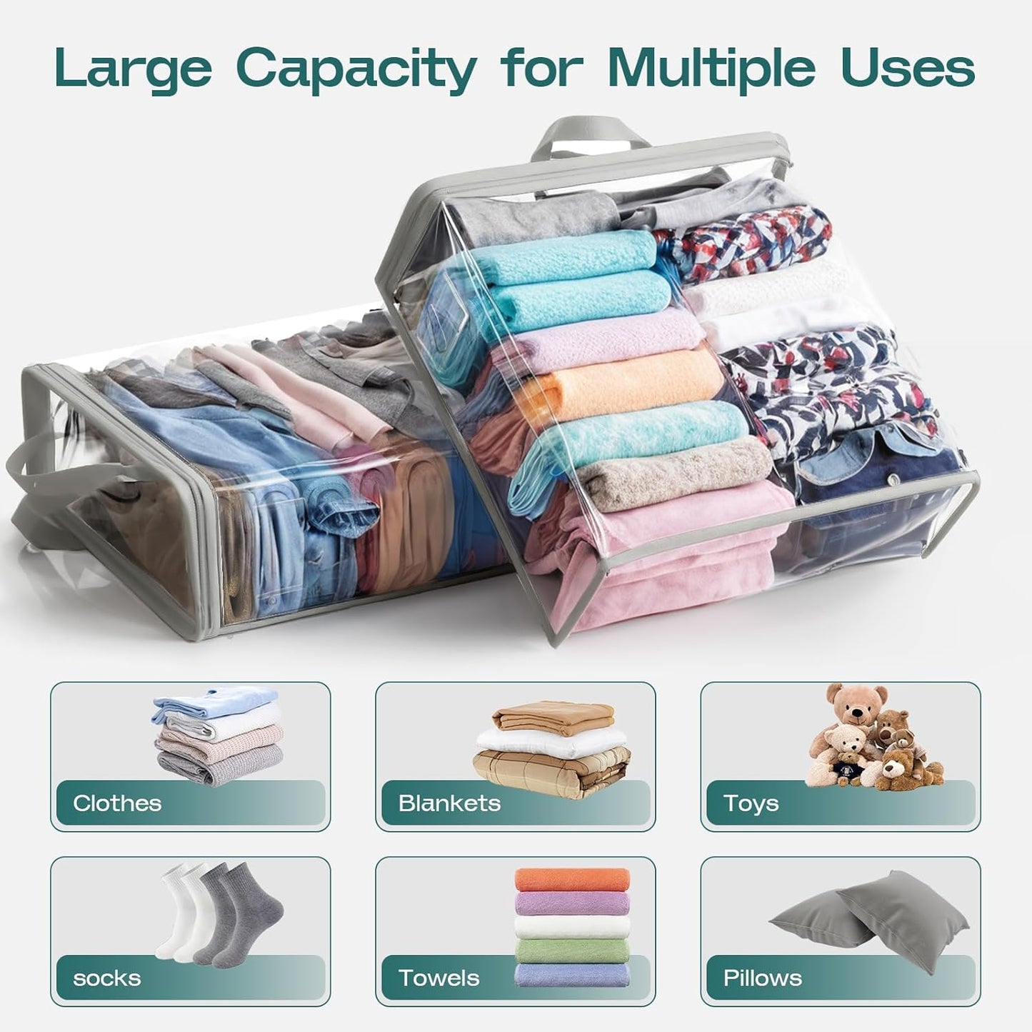 10 Pack Clear Storage Bags for Clothes, 22L Blanket Storage Bags, Under Bed Storage, Closet Organizers Bag, Upgraded Version Two-Way Zippers Design(Grey, 10PACK)