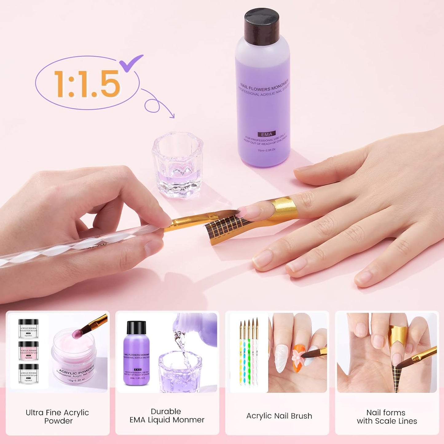 Acrylic Nail Kit with Everything: Beginners Practice Hand Acrylic Nail Powder Liquid Set with U V Lamp Drill in Gift Bag for Home Salon(Pink Bag)