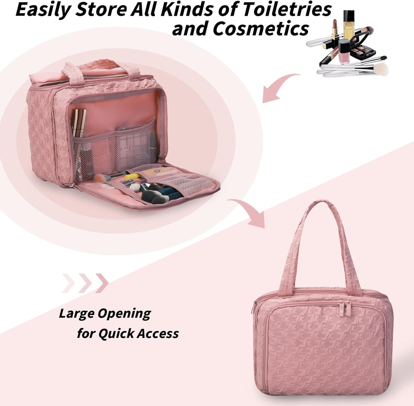 SUNRISING Travel Toiletry Bag,Large Toiletry Bag for Women,Water-Resistant Cosmetic Makeup Bag Organizer with Handle,Travel Toiletries Skincare Organizer Dopp Kit Bag for Accessories Essentials- Pink