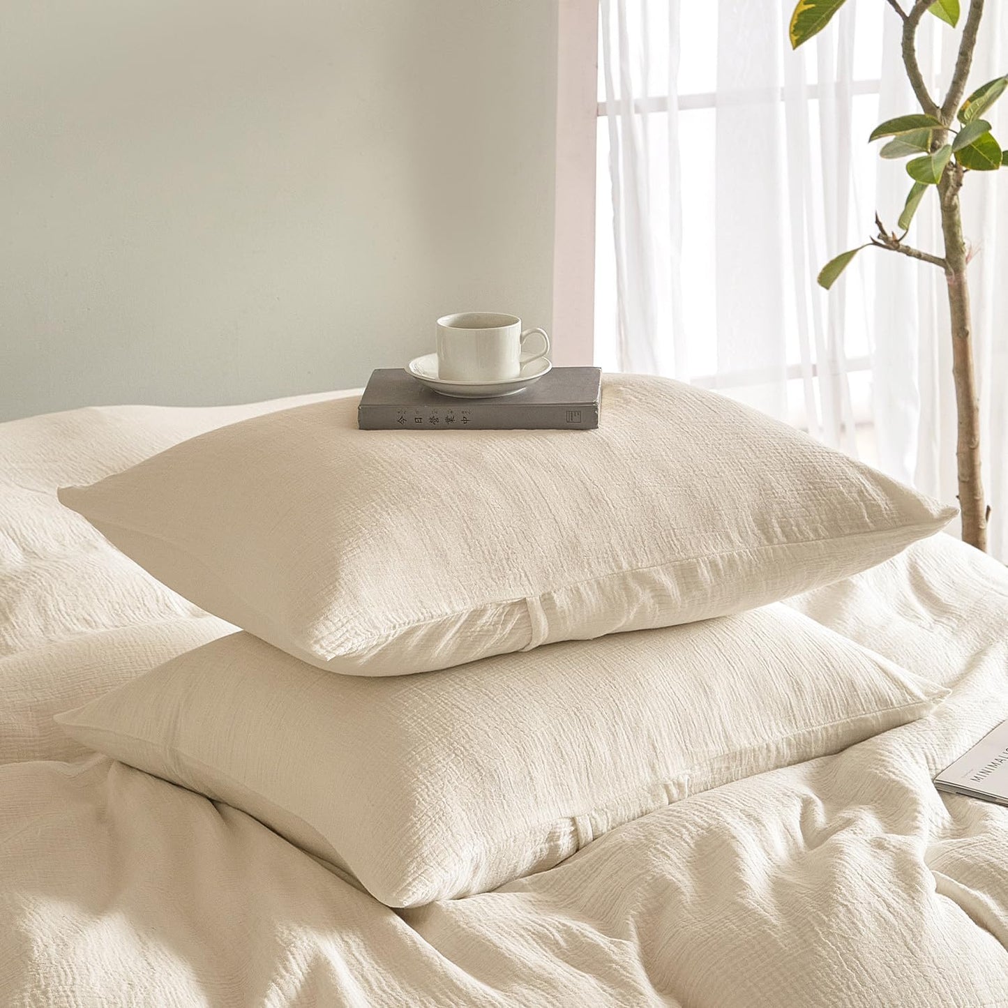 SE SOFTEXLY Muslin Pillowcases King Size 100% Cotton, 2 Pack Linen Like Pillow Shams with Envelope Closure, Ultral Soft and Breathable Pillow Case Covers, Off-White, 20" X 36", No Filling