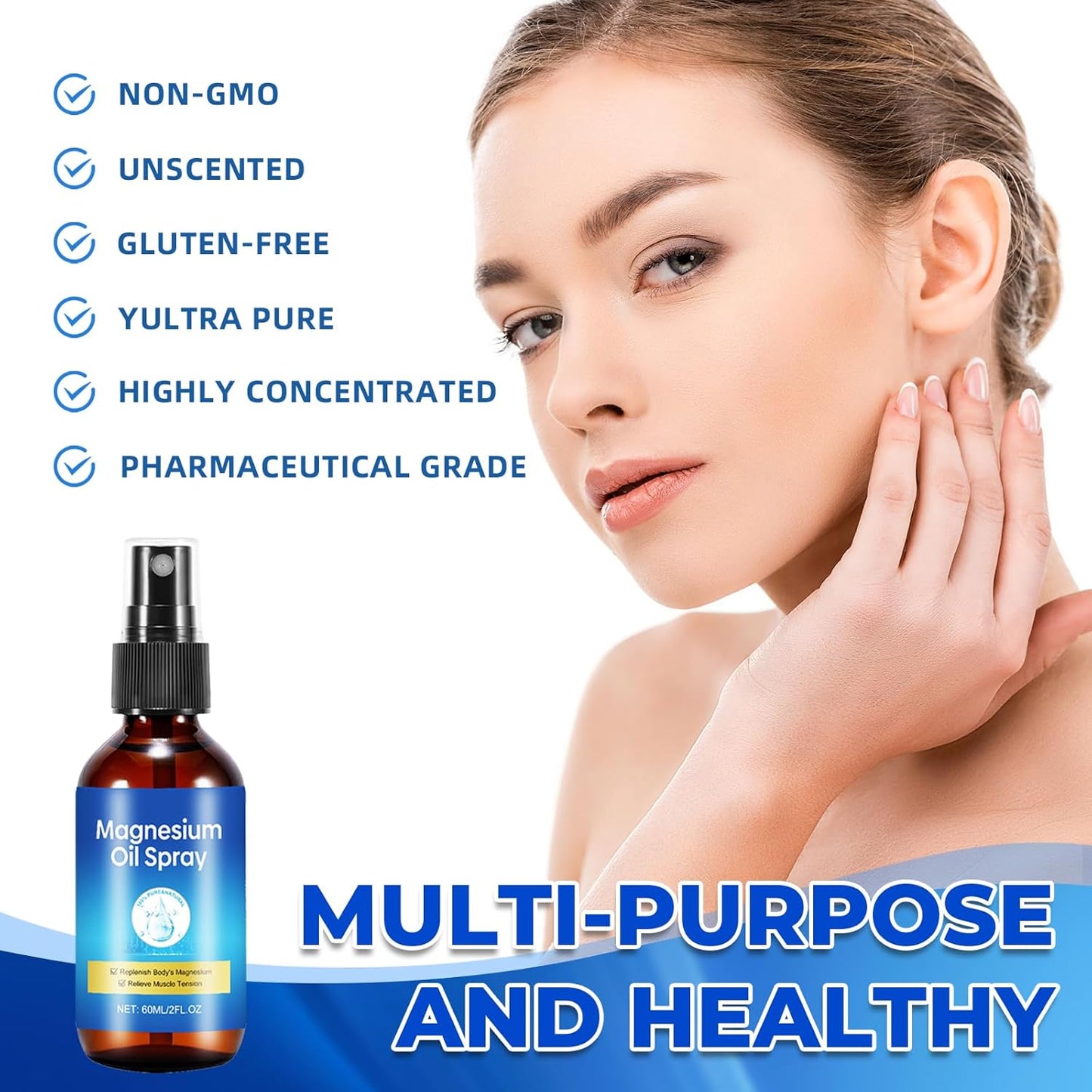 Pure Magnesium Oil Spray, Foot Magnesium Spray, 60ml Leak-Proof Portable Package, Magnesium Oil Body Care Natural Formula, Easy to Absorb and Soothe (2 Pack)