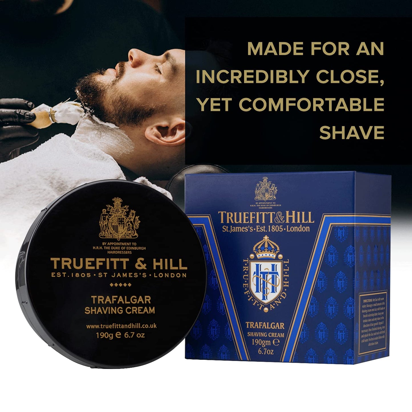 Truefitt & Hill Shaving Cream Bowl - Trafalgar - Premium Glycerin-Based Lather, Smooth Glide, and Hydration for a Luxurious Shave - 6.7 oz