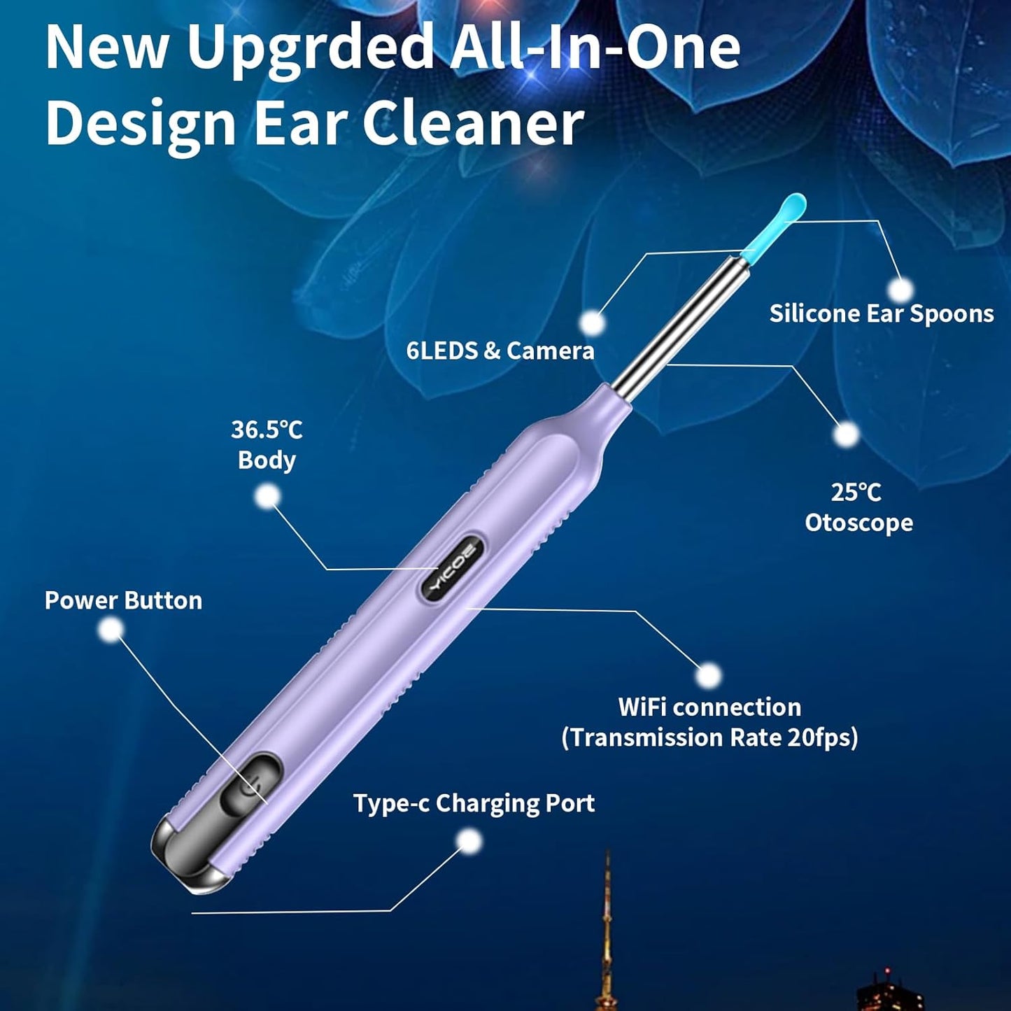 Ear Wax Removal Tool Camera, Ear Cleaner with Camera, 1200P HD Ear Camera with 6 LED Light, Ear Cleaning Kit with 15 Pcs Replacement Tips for iPhone & Android Phones Purple