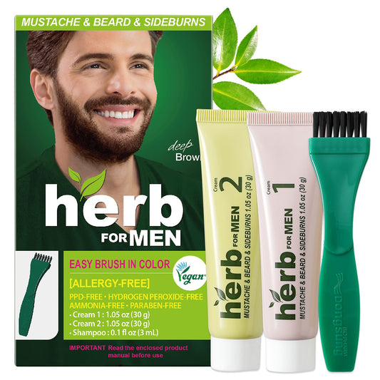 Herb For Men Mustache & Beard Dye (Deep Brown, 1 Pack), PPD-Free Ammonia-Free, Vegan with Natural Ingredients, Odorless, Gentle for Sensitive Skin, No Skin Irritation