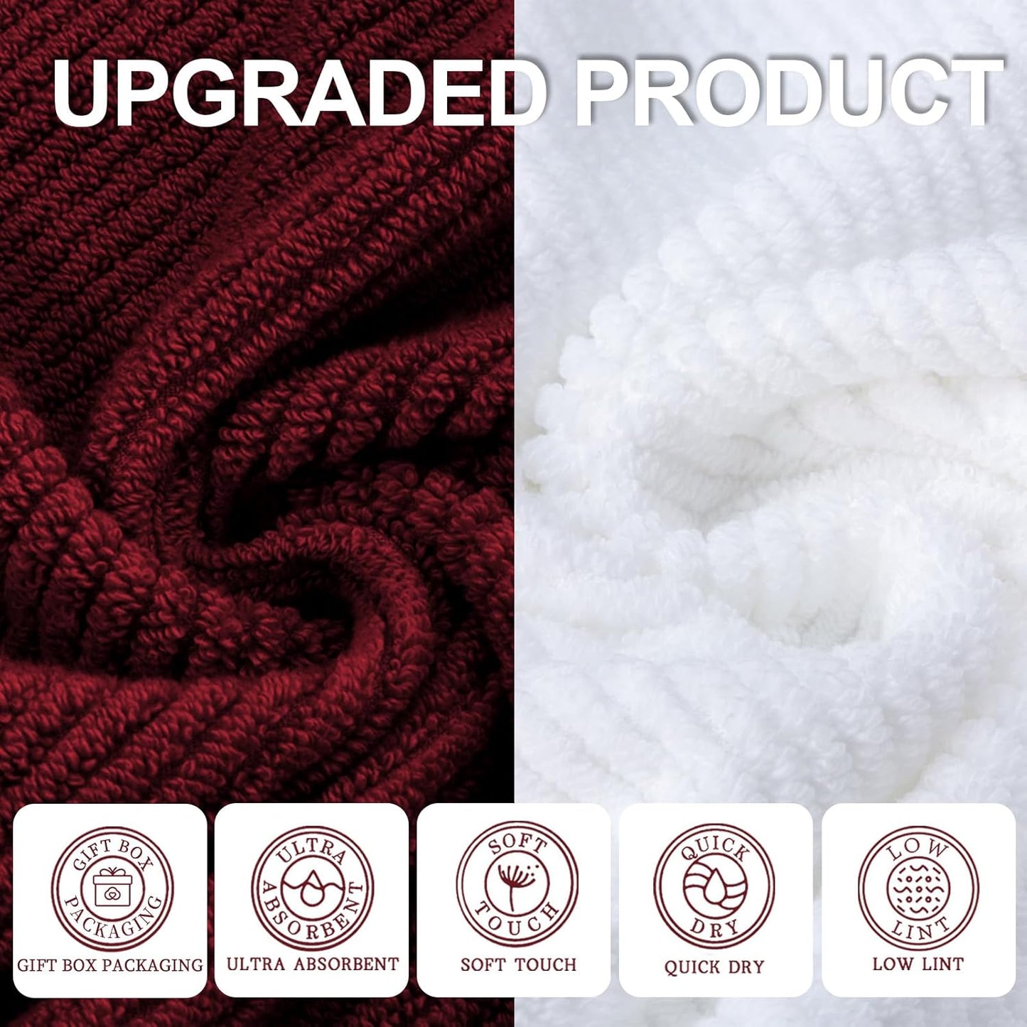 VOOVA & MOVAS Towels Bathroom Set - 100% Cotton | Quick Dry | Soft | Thick, Towel Set of 6, 2 Large Bath 30"x56", 2 Hand 18"x28", 2 Wash Cloths 13"x13", Bathroom Essentials, Burgundy Red and White
