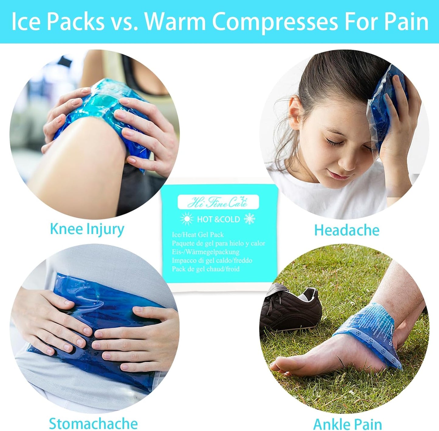 Gel Ice Packs, Cold Packs for Injury Recovery, Cold Compress for Pain Relief, Hot Cold Pack Relieves Inflammation, Arthritis for Headache, Ankle, Neck (Teal (4 Pack), 5×5 inch (13×13cm))