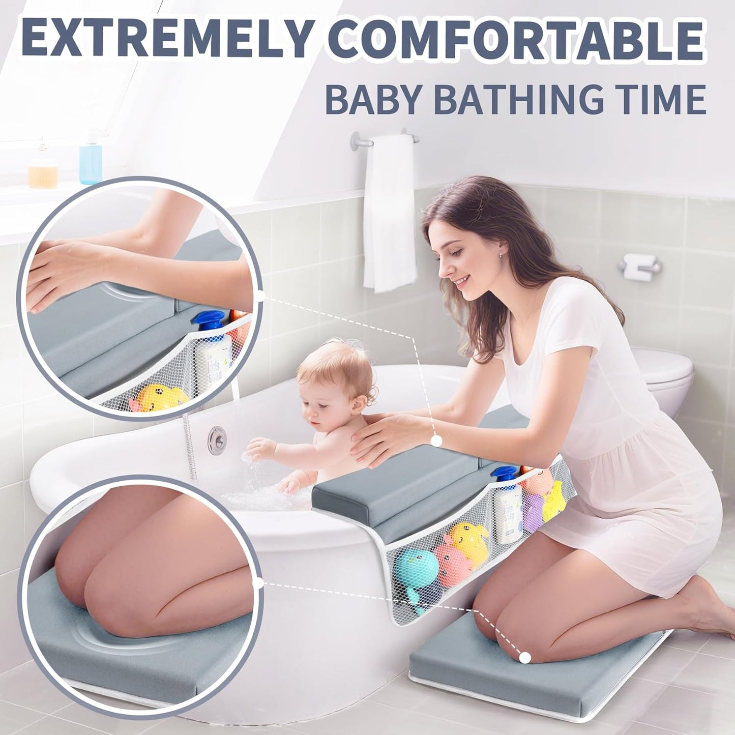 URMYWO Bath Kneeler and Elbow Rest Pad Set - 1.5" Thick Baby Bath Kneeler Pads with Toys Organizer, Anti-Slip Cozy Knee & Arm Support Bathtub Mat, Quick Dry Kneeling Pad for Baby Bath Time