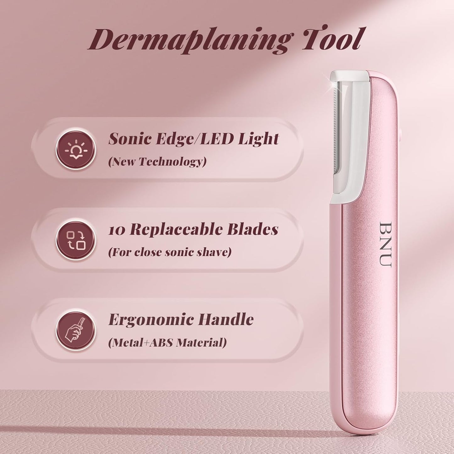 Dermaplane Razor for Women Face, BNU Facial Hair Remover for Anti-Aging - Rechargeable - LED Light - Sonic Edges - 3 Speeds, Ergonomic Handle Face Dermaplaning Tool 10 Weeks, Pink
