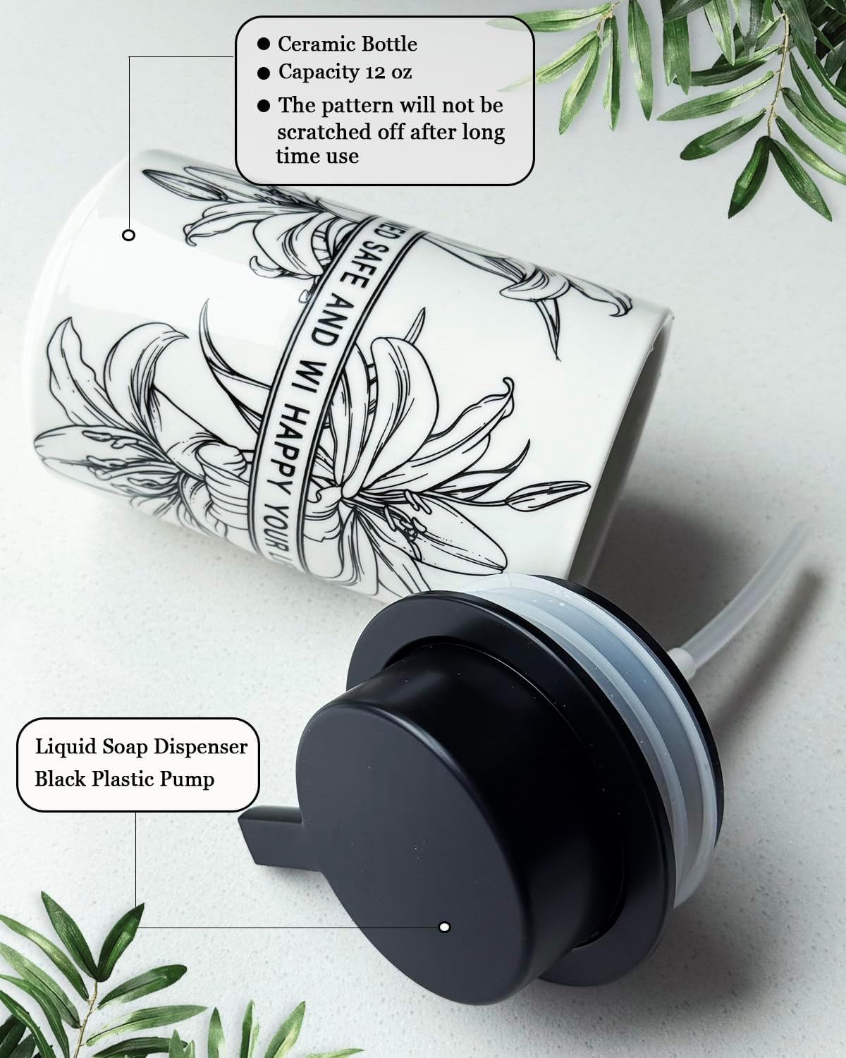 Ceramic White Liquid Soap Dispenser for Bathroom & Kitchen,Lily Pattern Hand Sanitizer Bottle,Chic Home Deco (Liquid)