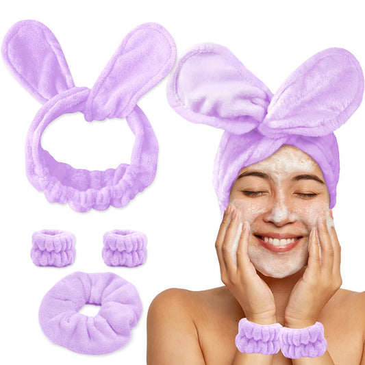Face Wash Headband and Wristband Set Fashion Spa Headband, Coral Velvet Face Wash Set for Women, Adjustable Makeup Headbands Hair Band for Washing Face, Facial Skincare (Purple)