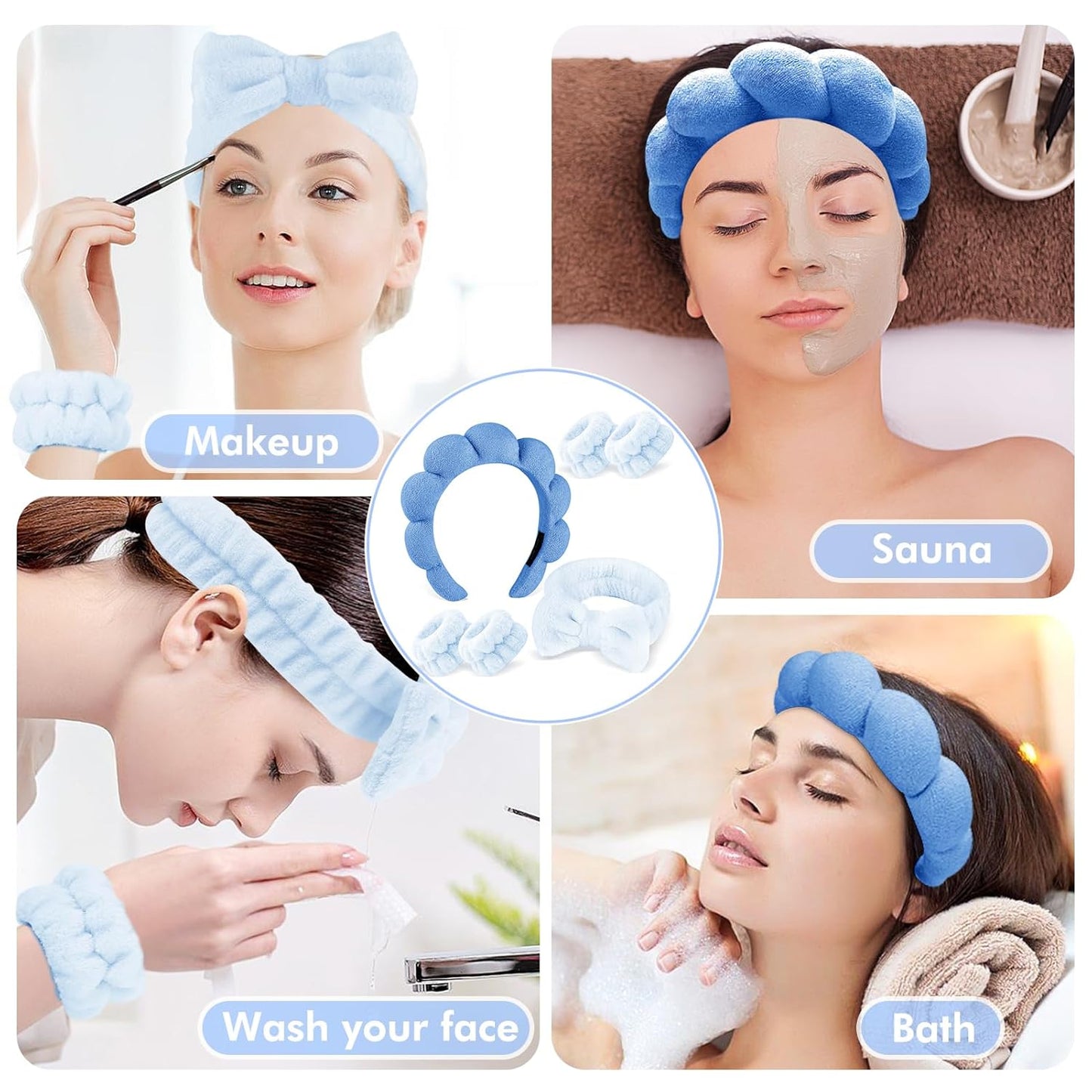 Zkptops 6Pcs Spa Headband for Washing Face Wristbands Set Women Bubble Skincare Makeup Sponge Terry Cloth Padded Puffy Headband Bow Tie Hairband Cute Non Slip Thick Hair Accessory Gifts(Dark Blue)