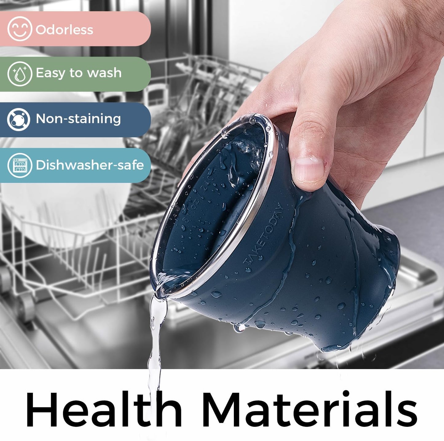 TakeToday Collapsible Travel Cup - Silicone Foldable Water Cup, BPA-Free with Lid & Waterproof Bag - Drinking Cup Set for Camping, Outdoors & International Travel(8 Oz, Navy)