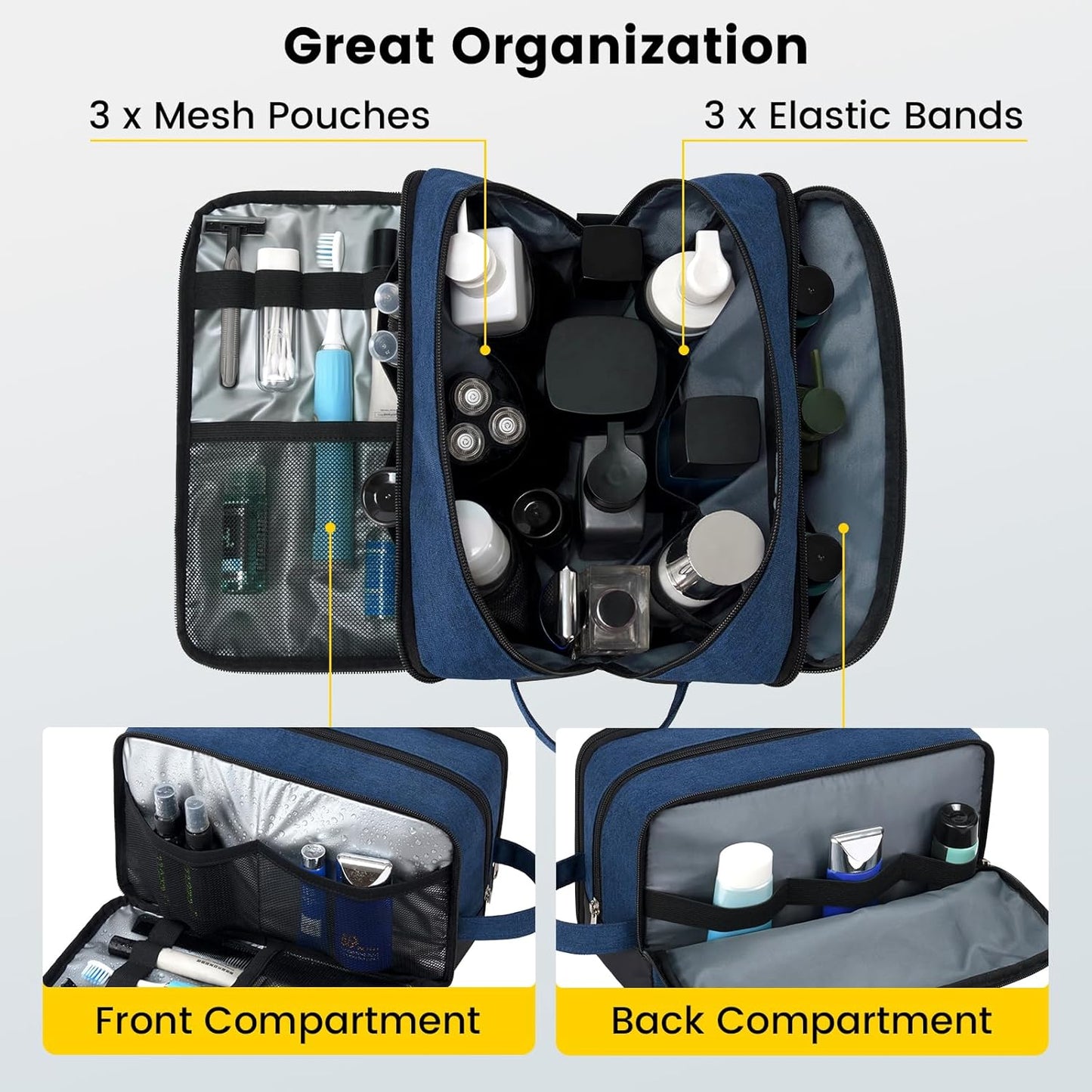 Vorspack Large Travel Toiletry Bag - Water Resistant Toiletry Bag for Men for Bathroom Toiletries Accessories Gifts - Navy Blue