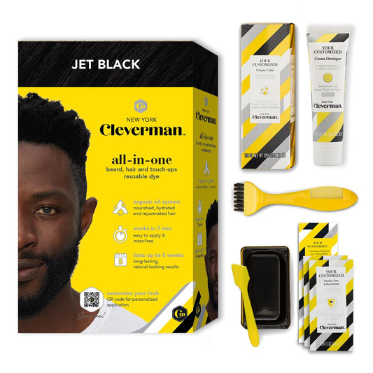 Cleverman Hair & Beard Dye Kit for Men, All-in-One Reusable Mens Hair Color, Natural Gray Coverage, Ammonia-Free Beard Mustache Dye for Men (Jet Black for Black Men)