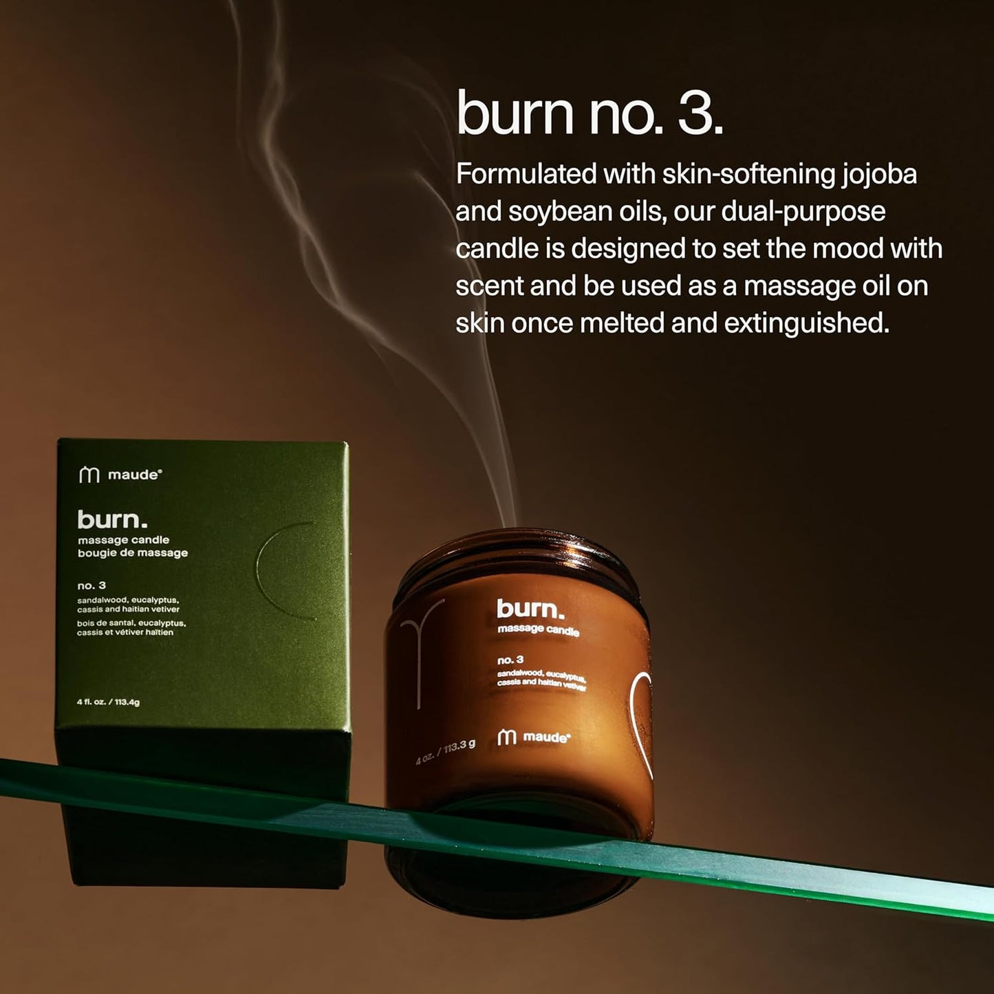 Maude Burn No. 3 - Jojoba Oil Massage Candle with Hydrating, Skin-Softening Soybean Oil - Massage Oil Candle with Notes of Eucalyptus + Sandalwood - Home + Self Care Gifts for Women & Men (4 oz)