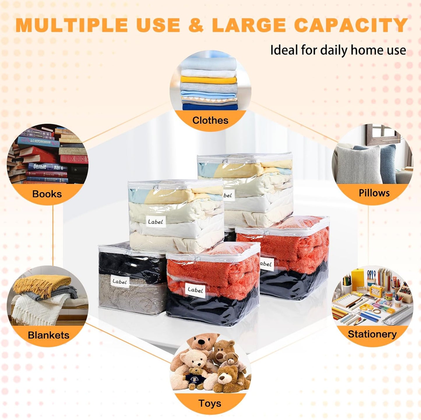 Clear Zippered Storage Bags Plastic Sweater Storage Bags with Zipper 6 Packs Clothing Organizer for Blankets Linen Sweater Bed Sheet Quilt Clothes Pillow (12 x 12 x 12 Inch)