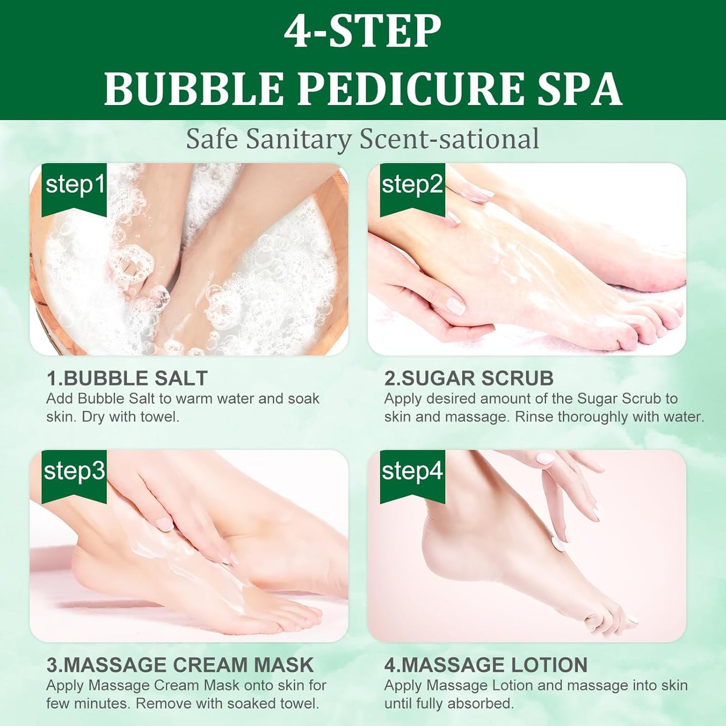 Pedicure Kit Foot Soak Set: Bubble Salt, Sugar Scrub, Massage Mask, Massage Lotion in a Box, 4 Step Foot Spa Kit for Dry Feet, Softens Calluses(3 Set Cucumber)