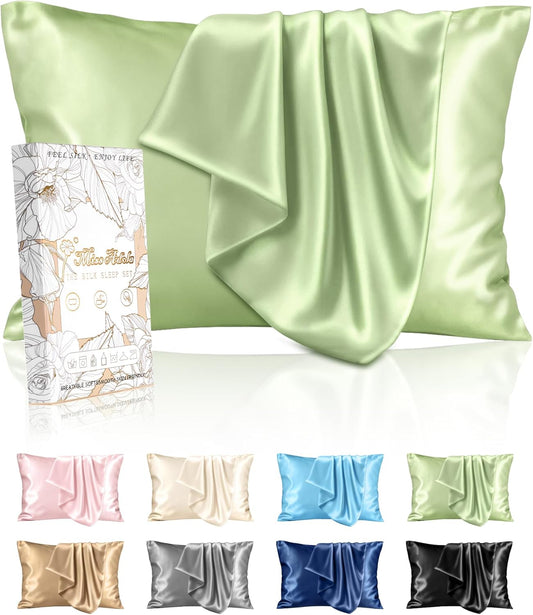 Silk Pillowcase 2 Pack - Pillow Cases King Set of 2 Size 20" x 36" for Hair and Skin Smooth Soft Breathable with Hidden Zipper Cooling Pillow Covers for Women, Light Green