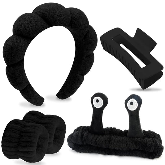 VELSCRUN Spa Headband, Makeup Face Wash Skincare Headbands, 5 Pcs Sponge Get Ready Snail Hairband Facial Wristband Hair Clip Set, Stuff for Teen Girls Women Trendy Hair Accessories Black