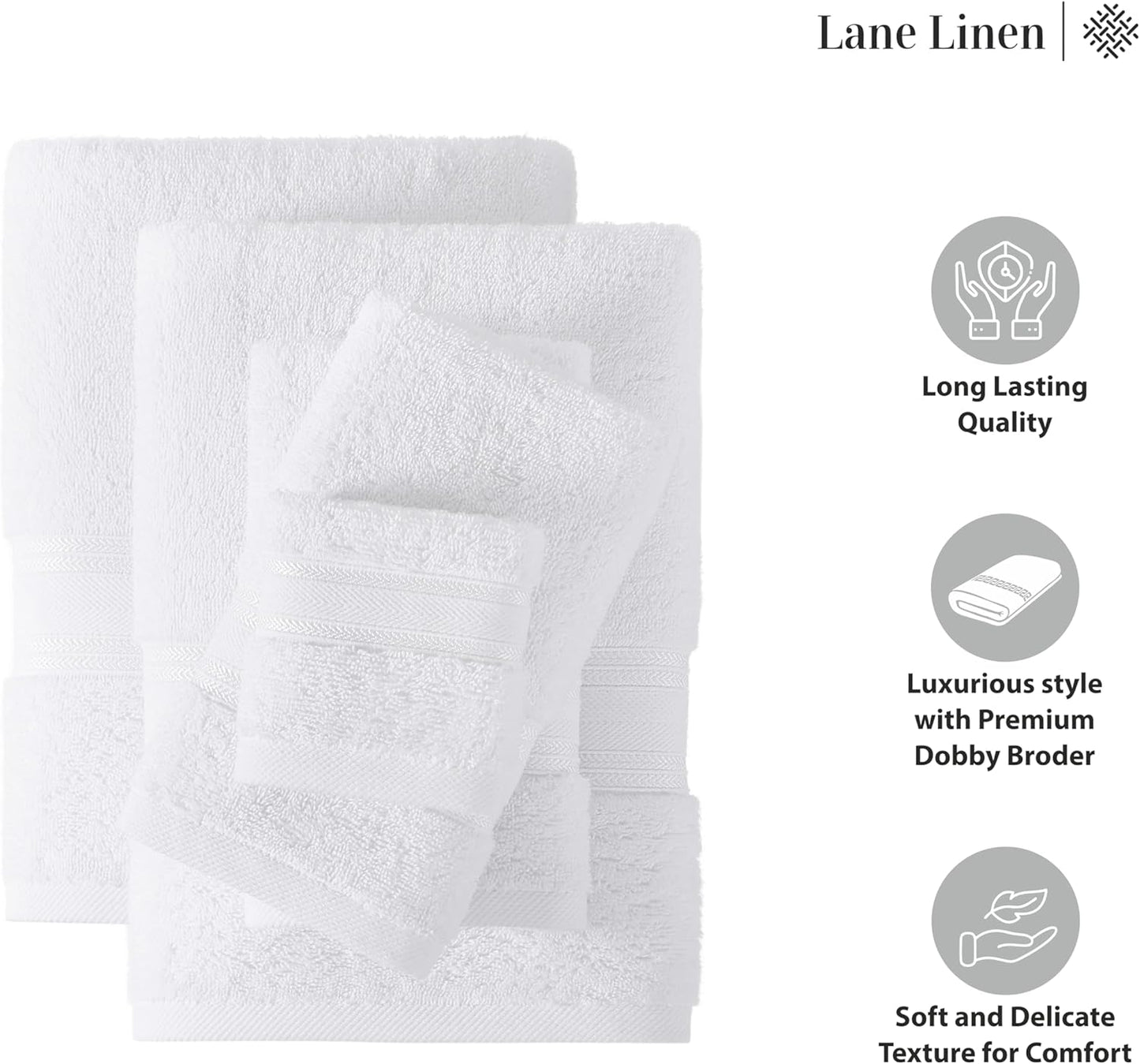 LANE LINEN Luxury Bath Towels Set - 12 Piece, 100% Cotton, Zero Twist, Super Soft & Absorbent, Includes 4 Bath Towels, 4 Hand Towels, 4 Washcloths - White