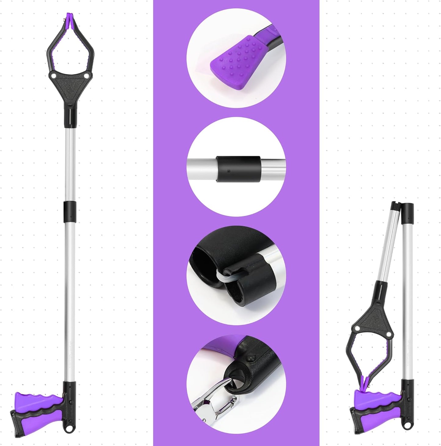 Upgrade 2-Pack Foldable 32" Grabber Reacher Tool, Lightweight Reacher Grabber Pickup Tool with 360° Rotating Jaw & Magnet, Reaching Tool for Trash Pick Up Stick, Litter Picker, Arm Extension (Purple)