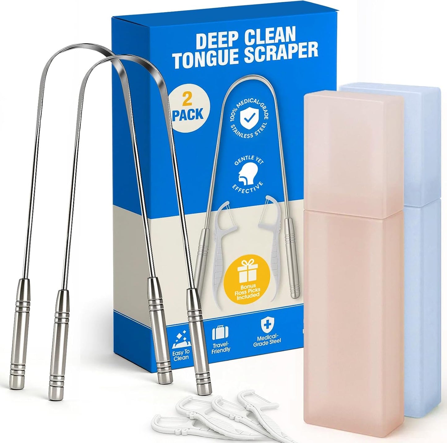 Stainless Tongue Scraper Set for Adults: Easy To Use For Oral Care and Hygiene – Pack Of 2 Stainless Steel Tongue Cleaners, 2 Travel Cases, 4 Floss Picks – Cleaning for Tongue Care & Fresh Breath