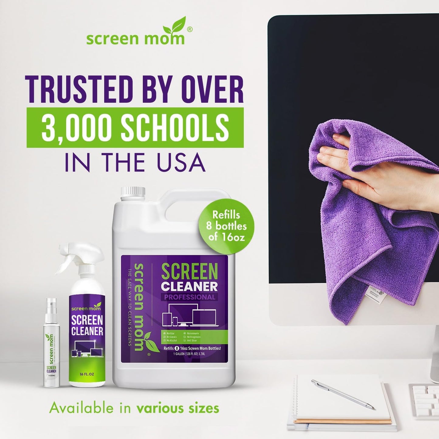 Screen Cleaner Spray and Microfiber Cloth 2-Pack (2x8oz) by Screen Mom-Screen Cleaner Spray and Wipe for TV, Computer, Phone, iPad, Car Screen Cleaning Kit Electronic Cleaner Spray