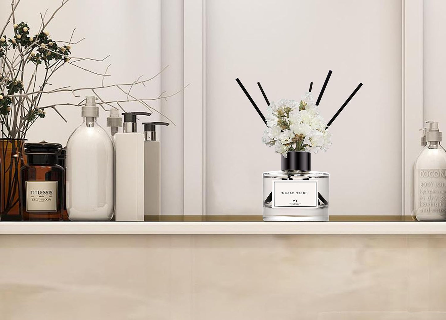 WEALD TRIBE Real Flower Reed Diffuser Set of 3 for Bathroom Shelf Decor, Sticks Diffuser with Essential Oils Included | Lavender & Eucalyptus,Jasmine & Lily,Sandalwood Rose Scent(1.7 fl oz/Pack)