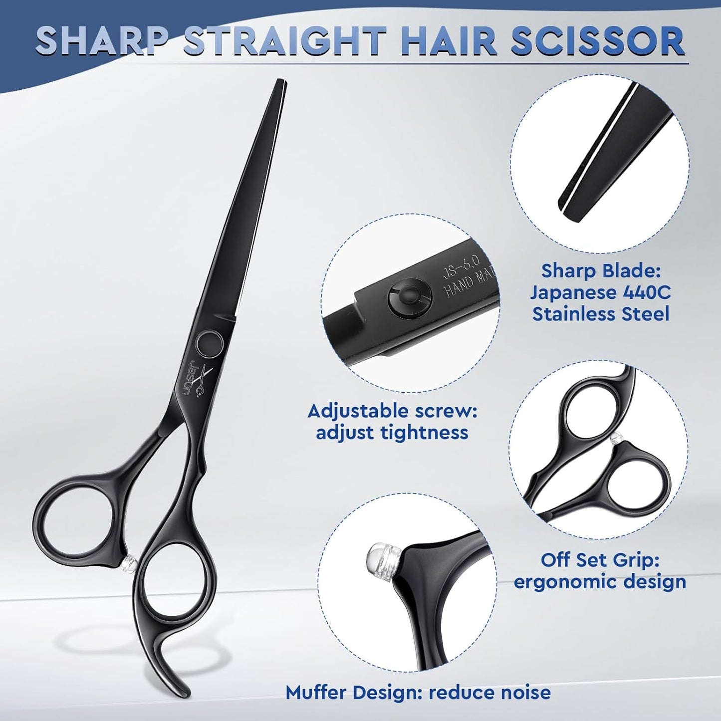 JASON Hair Cutting Scissors Set - Professional 10 PCS Haircut Scissors kit, Thinning Blender Scissors, Straight Shears with 30 Teeth for Men Women Home Salon Barber (6.5", Black)