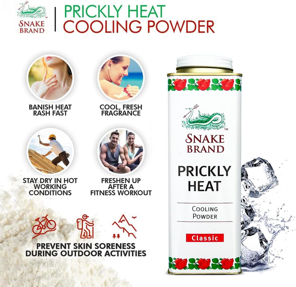 Snake Brand Prickly Heat Cooling Powder for Everyday Use - Anti-Chafing, Heat Rash Relief, Classic Original Scent (9.9 Oz / 280g)