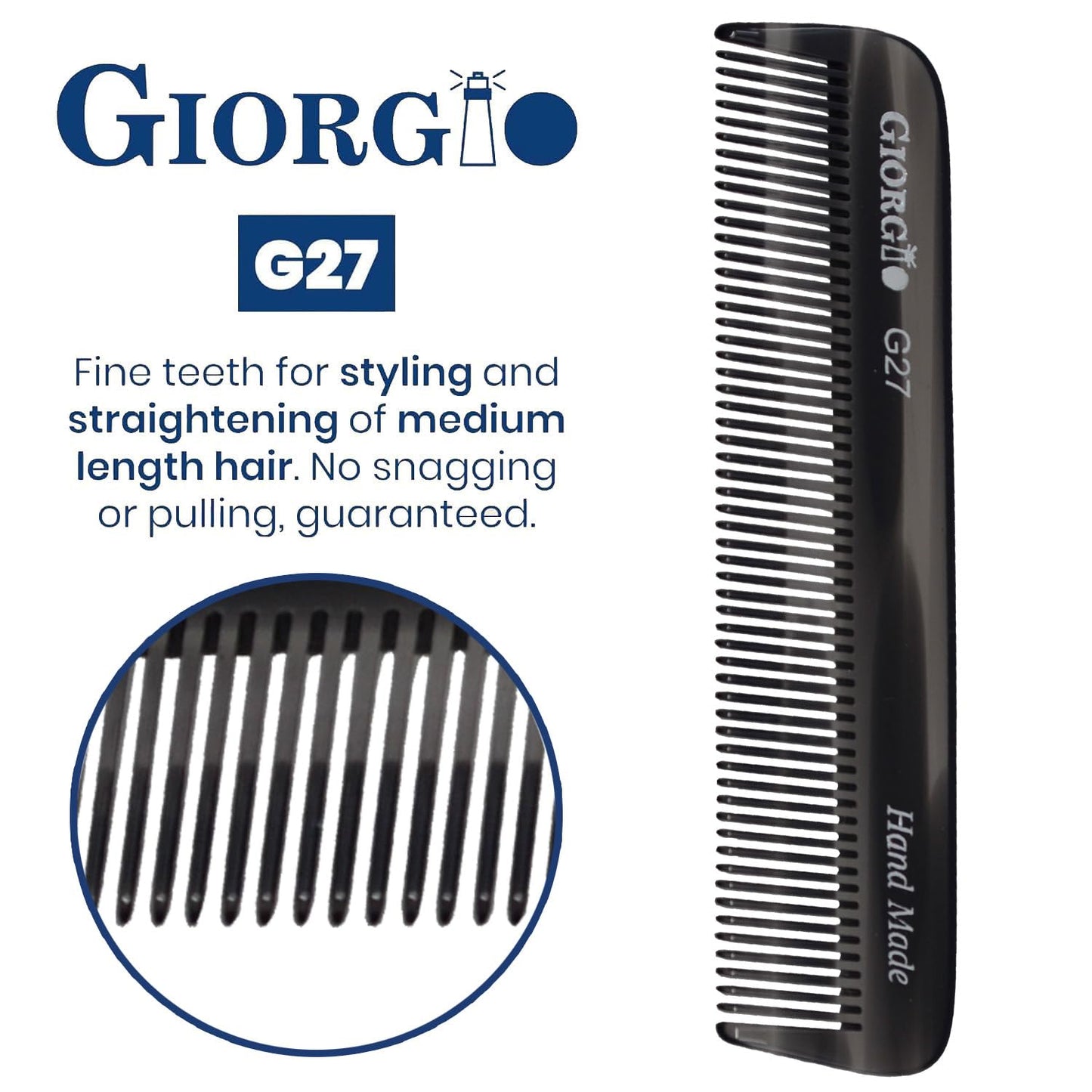 Giorgio G27 Handmade All Fine Tooth Pocket Comb, Hair Comb Straightener for Everyday Grooming Styling Hair, Mustache and Beard for Men Women and Kids, Saw Cut and Polished (Black Graphite)