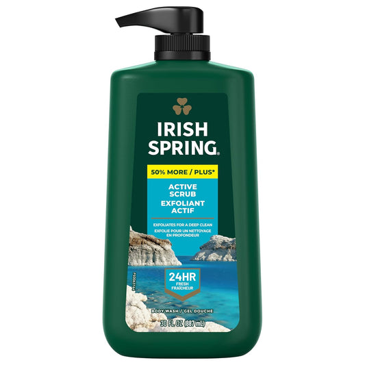 Irish Spring Active Scrub Exfoliating Body Wash for Men, 24-Hour Fresh, Face and Body Wash, Menβs Body Wash, Biodegradable Ingredients, Paraben Free, Cool Fresh Scent, 30 fl oz Pump Bottle