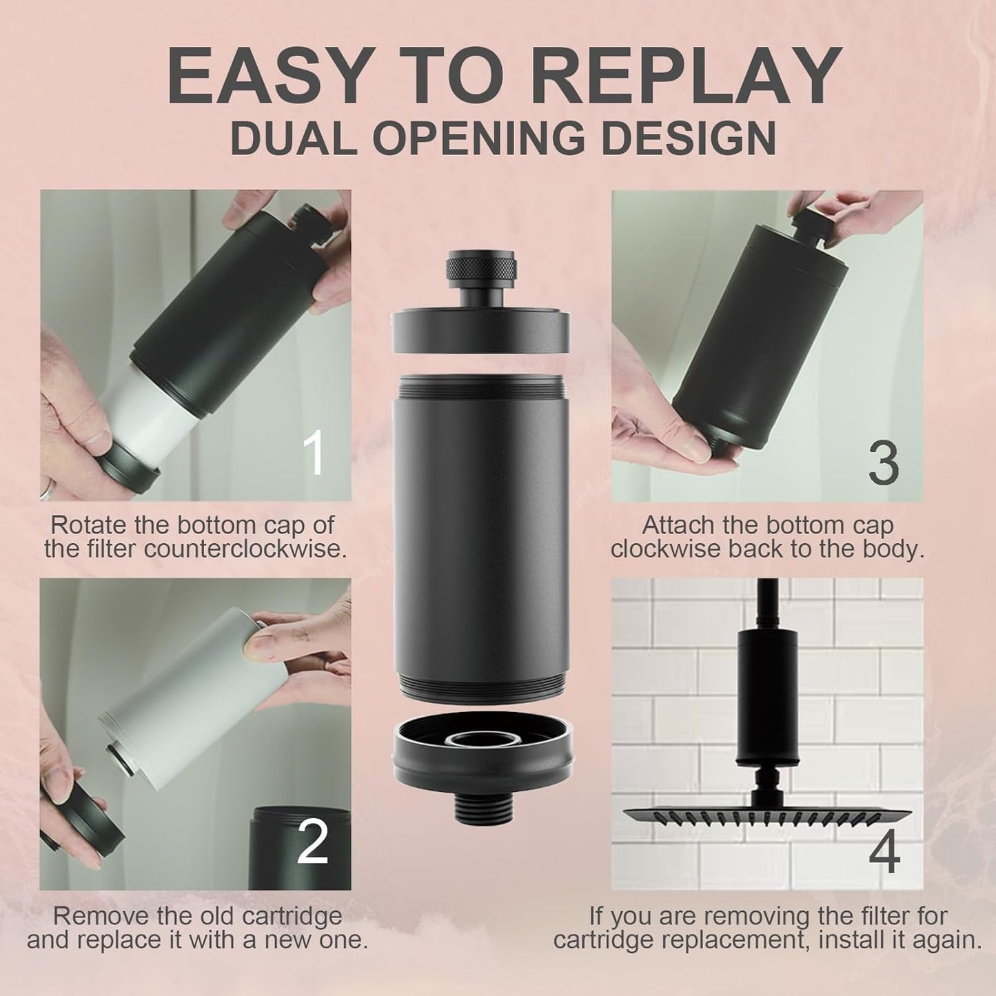 Metal Durable High Flow Shower Filter, 90% dechlorination effect, adsorbs heavy metals, balances the ph level of the water, relieves your skin from dryness, Matte Black Showerhead Filter