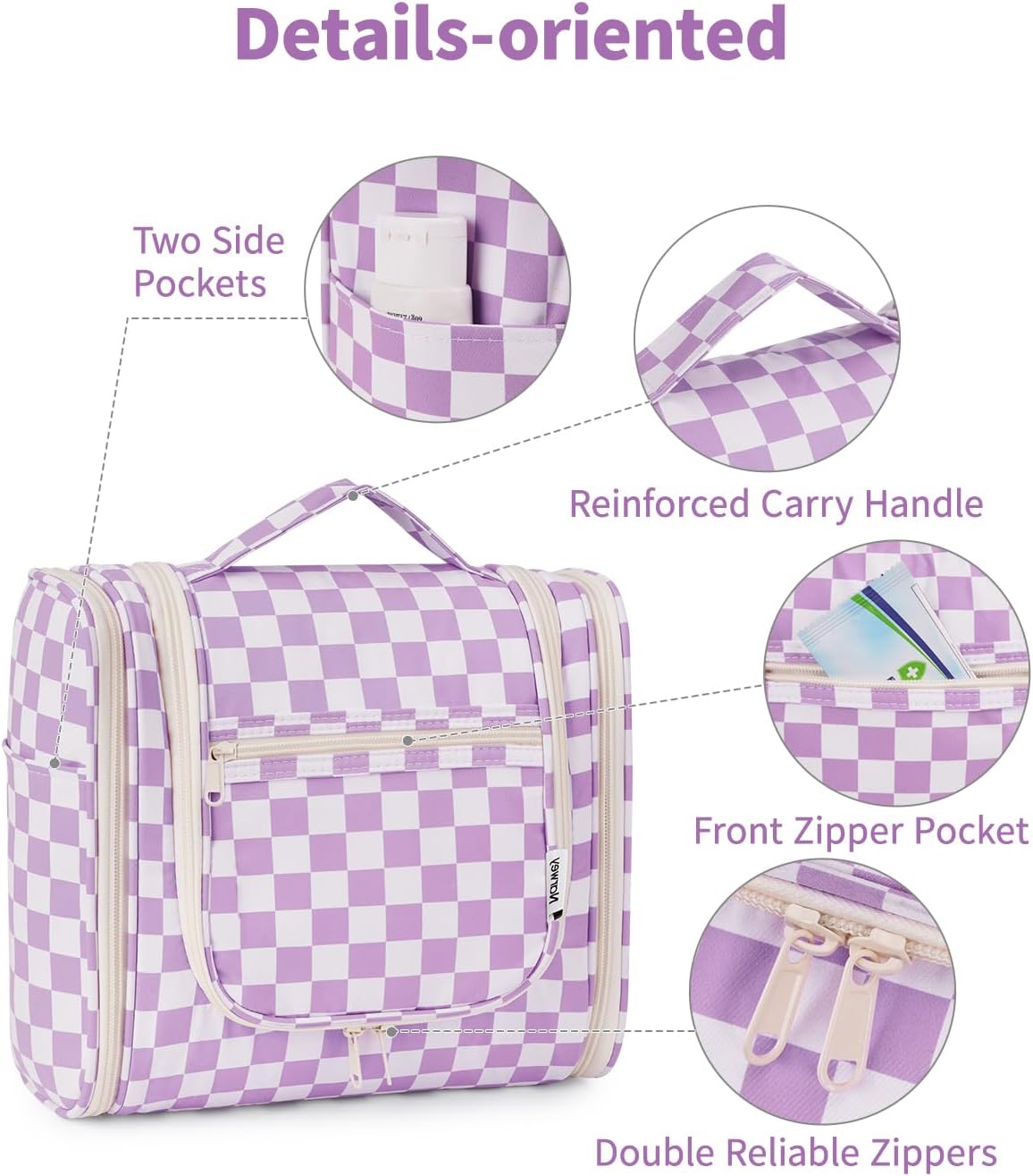 Narwey Checked Hanging Travel Toiletry Bag for Women, Travel Bag for Toiletries, Makeup Bag Organizer Cosmetic Bags Make Up Bags for Women (Purple Checkerboard)