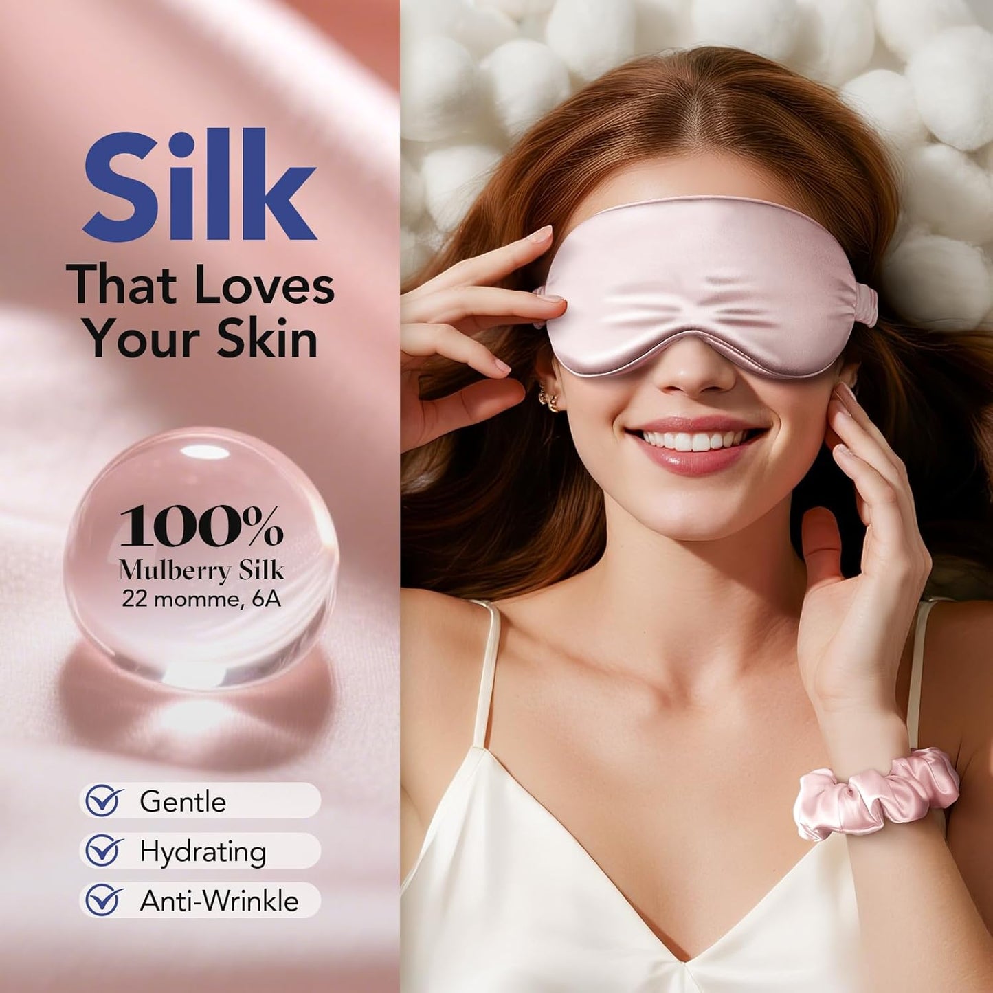 LitBear 100% Pure Silk Sleep Mask, 22 Momme 6A Mulberry Silk Fabric and Filling, Total Light Blocking Eye Mask Sleeping for Women, Men, Side Sleepers, Includes Travel Pouch and Scrunchie