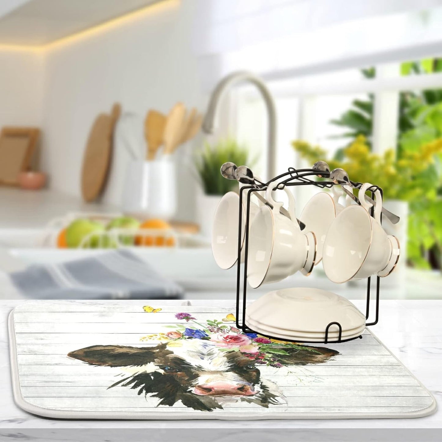 Farmhouse Cow Wood Dish Drying Mat for Kitchen 18x24 inch - Absorbent Microfiber Drainer Rack Fast Dry for Kitchen Counter