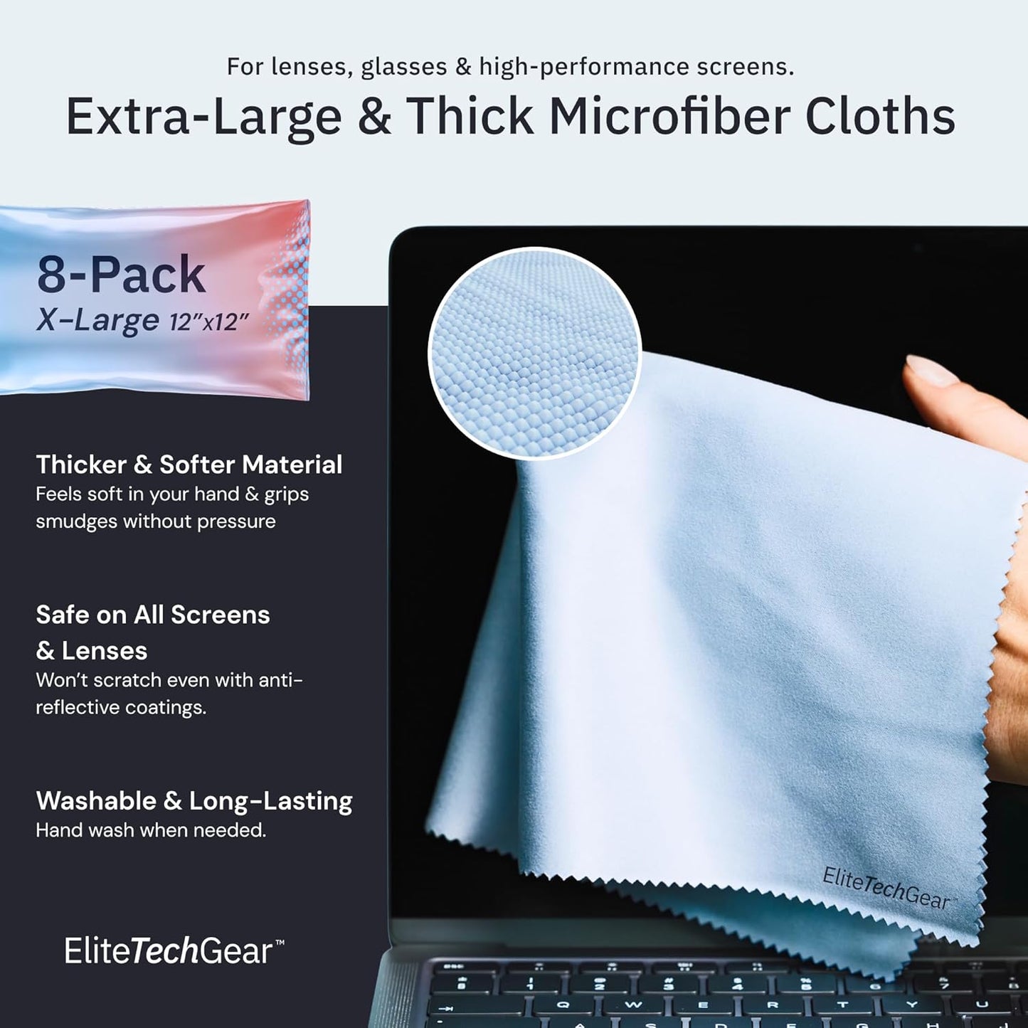 Elite Screens Microfiber Cleaning Cloth for Glasses - 12 x 12 in, Blue, 8-Pack - Lens & Screen Cleaning Cloth for Eyeglasses, Sunglasses & Electronics