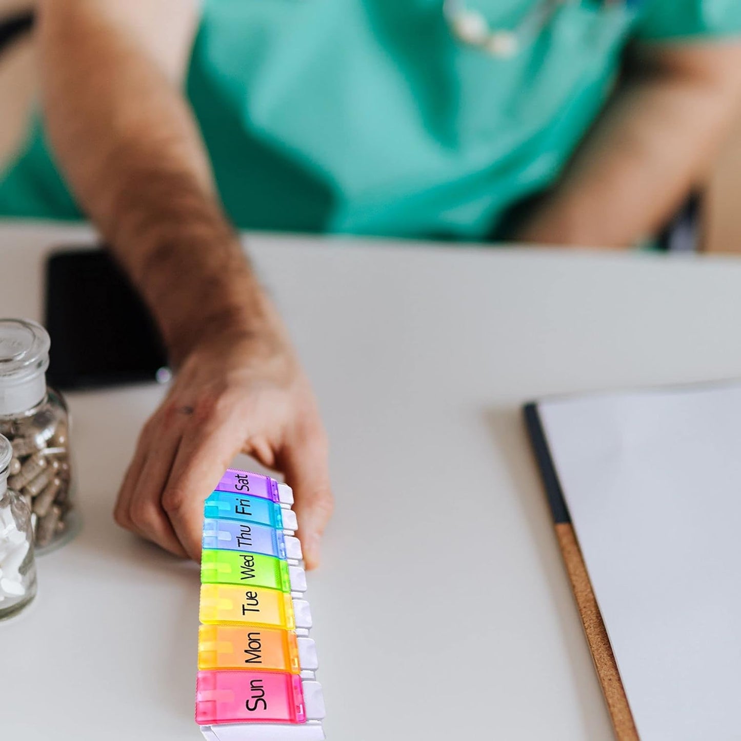 PERFORMORE 2 Pack of Portable Weekly 7-Day Pill Organizer, Travel Medicine Box, Rainbow Color, BPA Free with Easy Push Button Design Case Holder for Pills, Vitamin, Supplements and Medicine