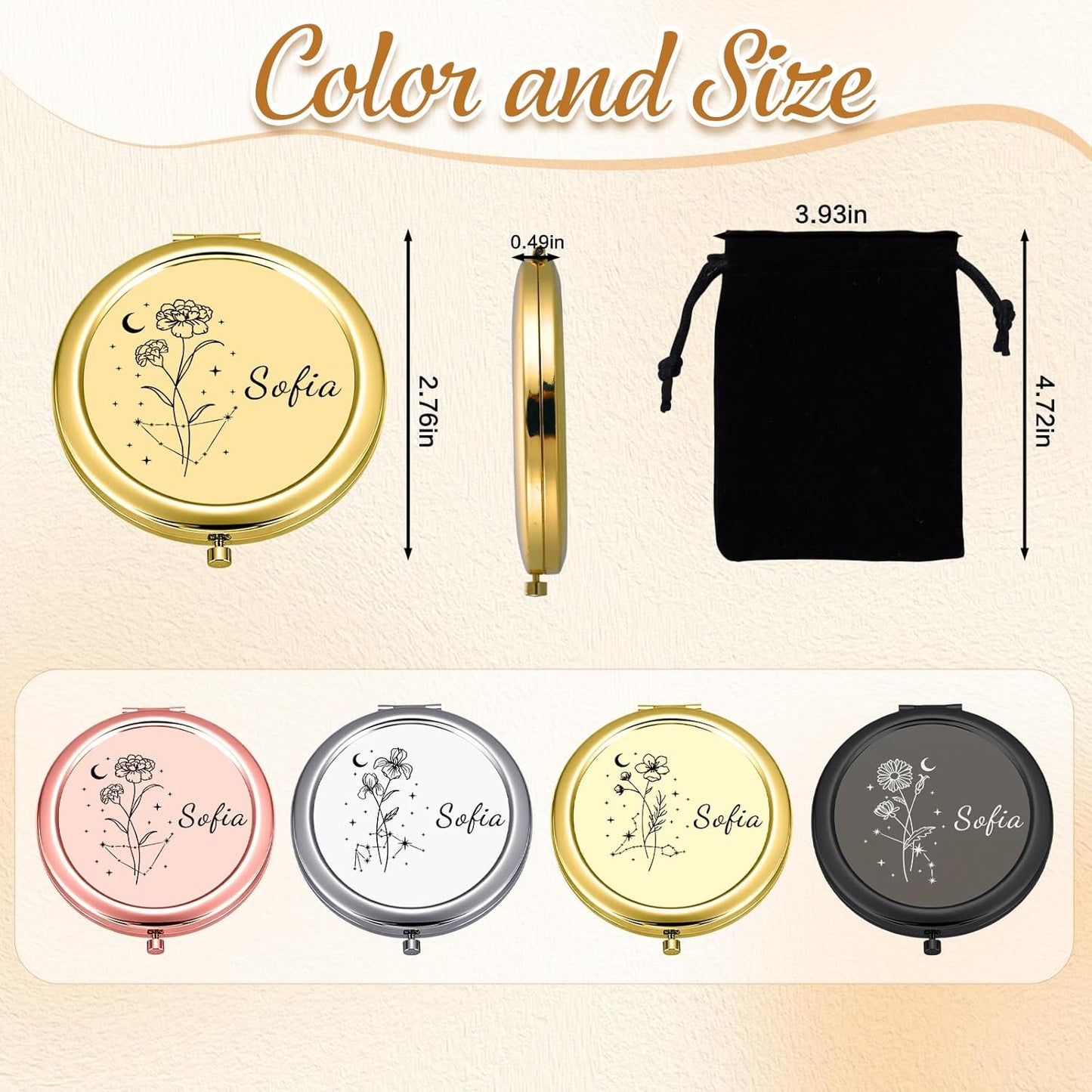 Custom Compact Mirror with Name - Personalized Flip Makeup Travel Pocket Mirror Gift for Women Bridesmaids Wedding Birthday (Birth Flower)