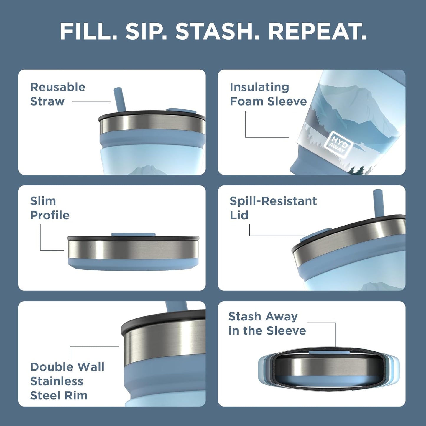 HYDAWAY 16oz Collapsible Tumbler - BPA-Free, Reusable Silicone Cup with Lid & Insulating Sleeve - Perfect for Coffee, Travel, and Everyday Use