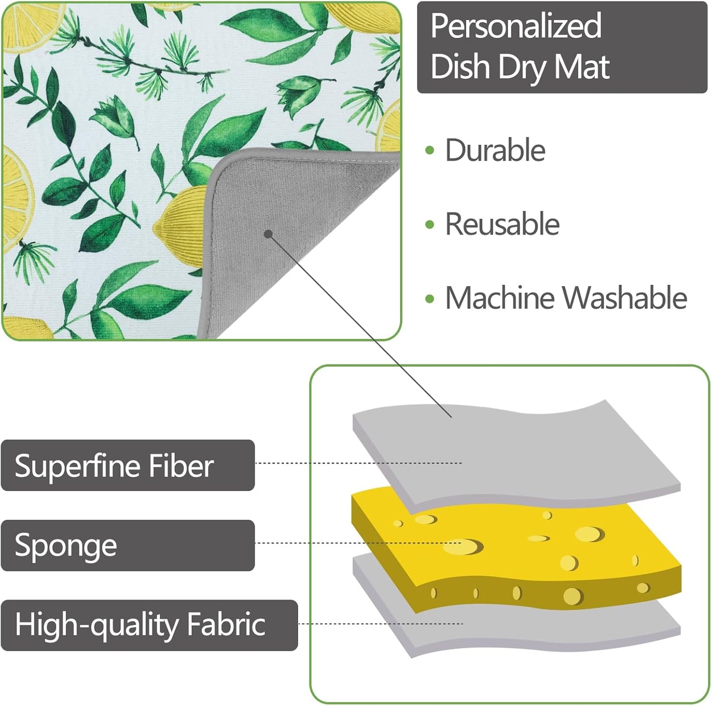 SHIYUE Dish Drying Mat for Kitchen Counter Super Absorbent Spring Kitchen Decor Microfiber Drying Matainers Rack Fast Pad Dish Drainer Mats(Yellow Lemon Green Leaves,18''x24'')