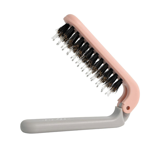 Uffy MiniPop Travel Hair Brush – Mini Folding Boar Bristles for Women, Men & Kids | Kid-Friendly Compact Comb for Wet & Dry Hair, Curly or Straight | Pocket-Size Detangler - Coral Pink on Soft Grey
