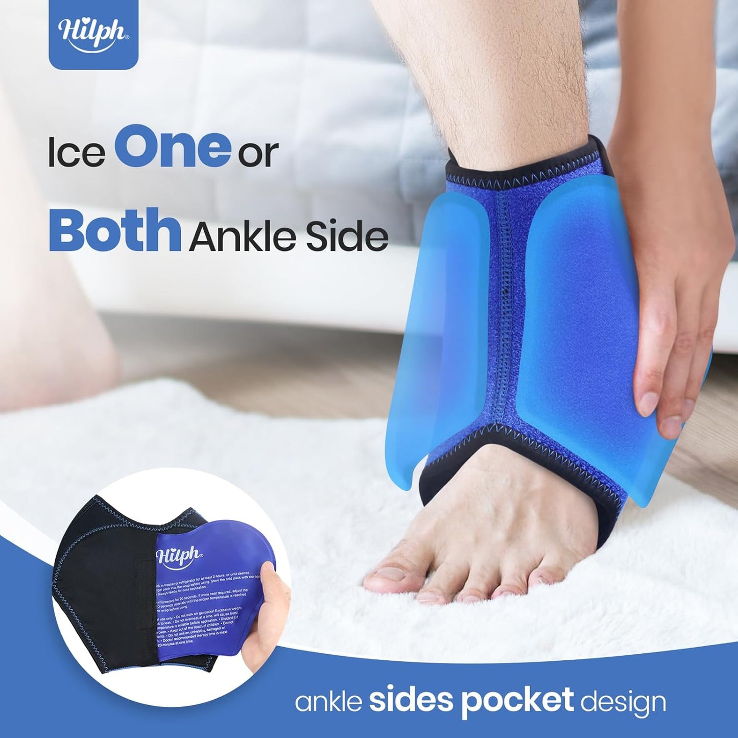 Hilph Ankle Foot Ice Pack Wrap for Sprained & Swelling, Reusable Ankle Brace with 2 Large Gel Ice Packs for Feet Injuries, Plantar Fasciitis, Achilles Tendonitis, Surgery Recovery, Hot/Cold Therapy