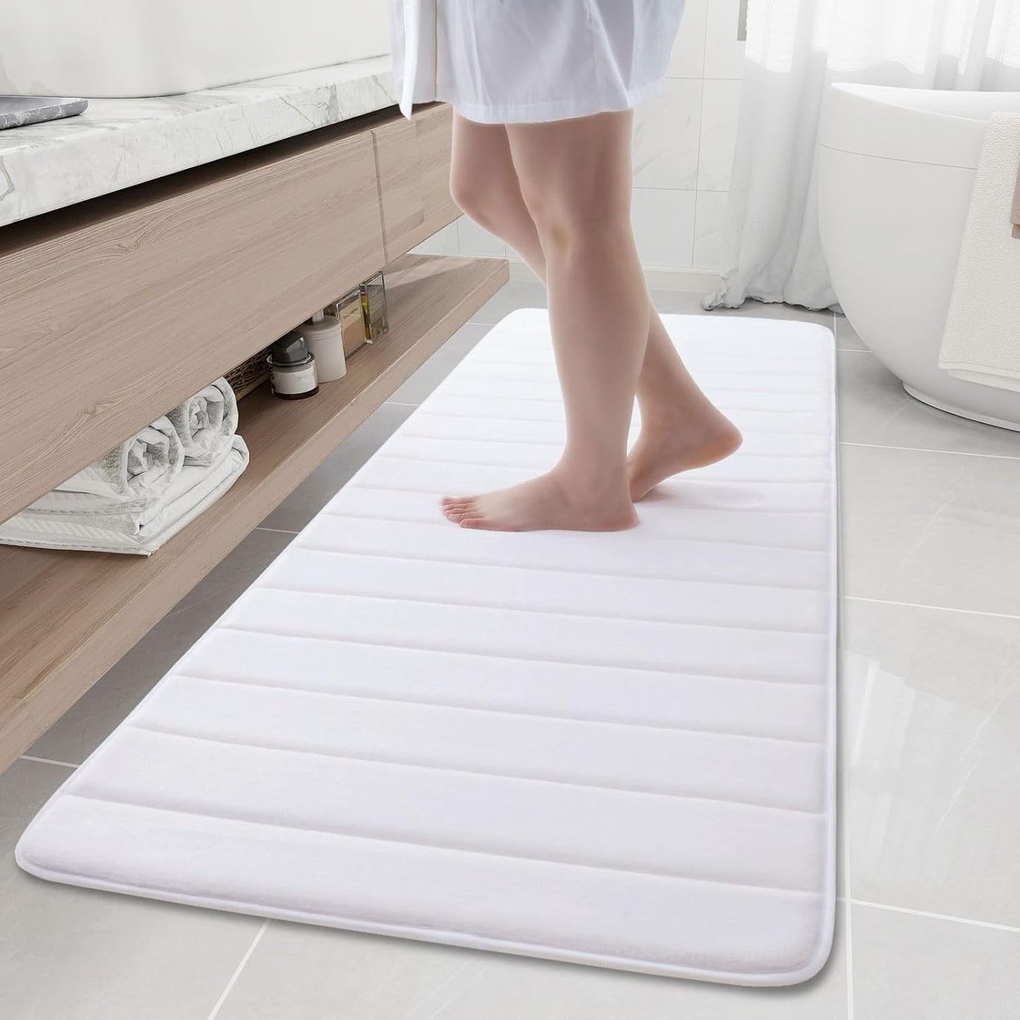 Buganda Memory Foam Bath Mat, 70" x 24", Ultra Soft and Non-Slip Bathroom Rugs, Water Absorbent and Machine Washable Bath Rug Runner for Bathroom, Shower, and Tub, White