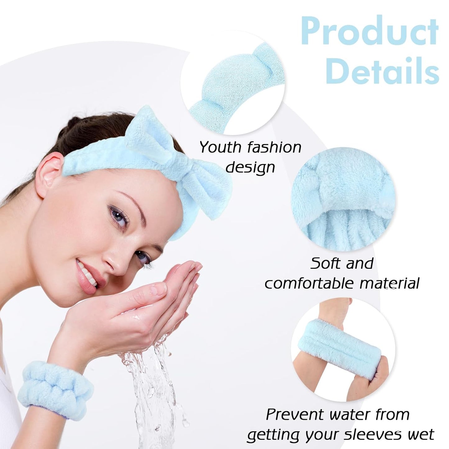 Zkptops 6Pcs Spa Headband for Washing Face Wristbands Set Women Bubble Skincare Makeup Sponge Blue Terry Cloth Padded Puffy Headband Bow Tie Hairband Cute Non Slip Thick Hair Accessory Gifts