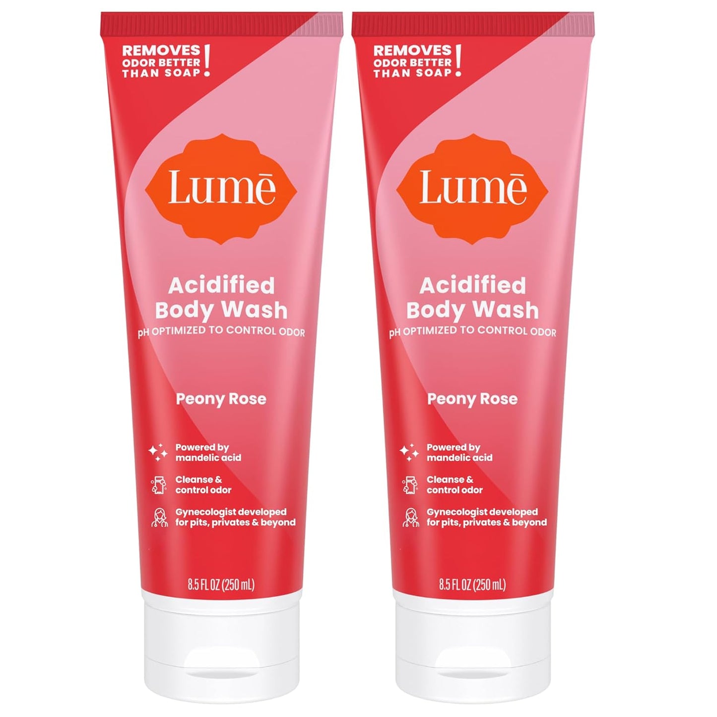 Lume Acidified Body Wash - 24 Hour Odor Control - Removes Odor Better than Soap - Moisturizing Formula - Formulated Without SLS or Parabens - OB/GYN Developed - 8.5 ounce (Pack of 2) (Peony Rose)
