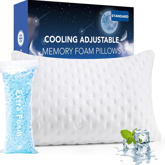 Cooling Side Sleeper Pillow for Neck and Shoulder Pain, Luxury Shredded Memory Foam Curved Bed Pillows for Sleeping Set of 1- Adjustable Standard Size- Washable Cover Original White